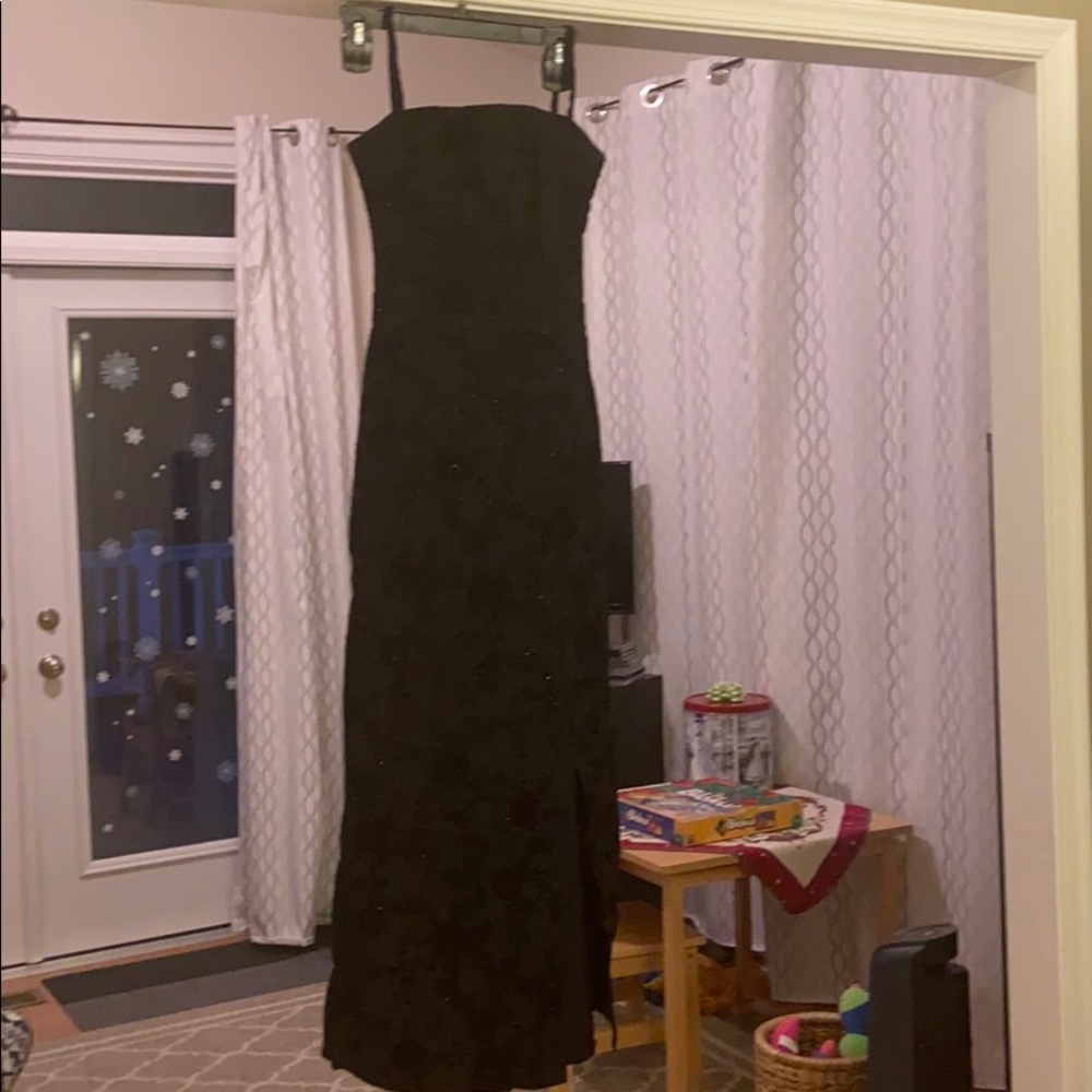 Black, floral, sparkly prom dress with slit